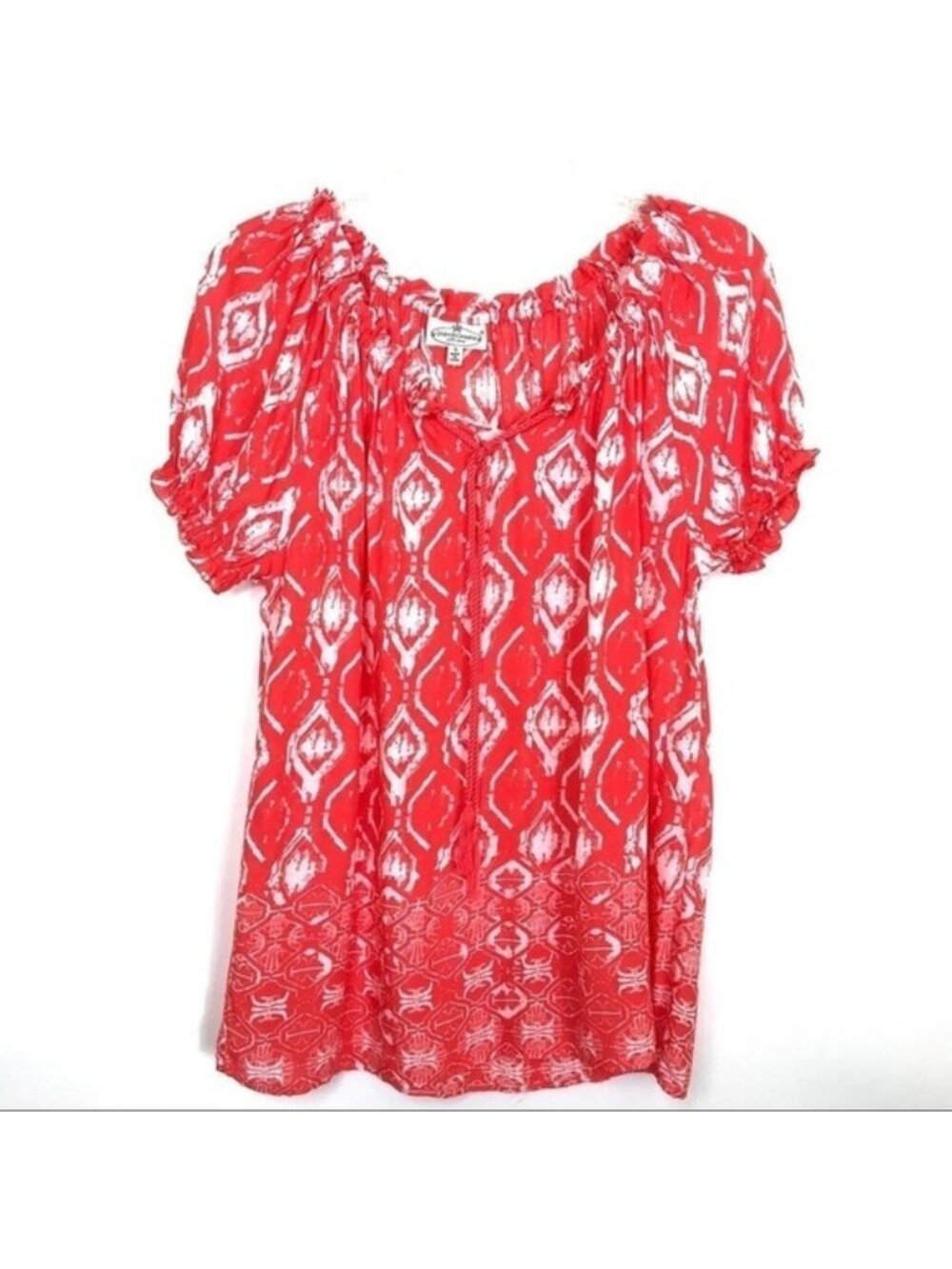 Grand & Greene Blouse Women S Orange White Ikat Spring Summer Peasant Boho Flowy